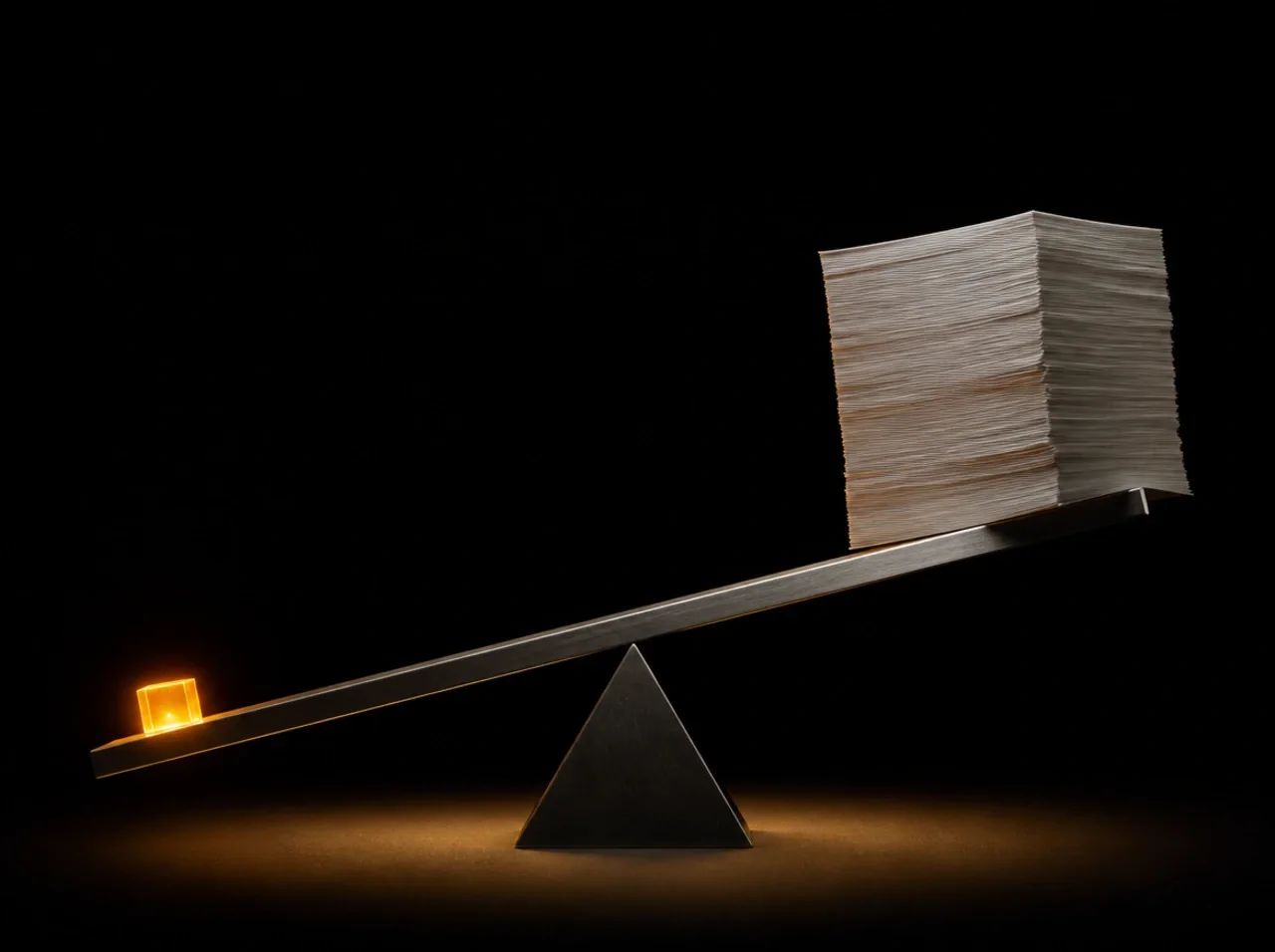 A lever where one small glowing cube lifts a whole stack of tasks