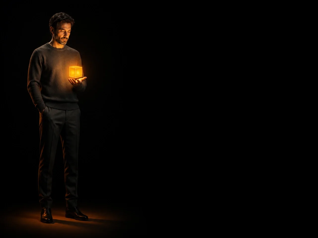 An entrepreneur with a glowing cube above an open hand