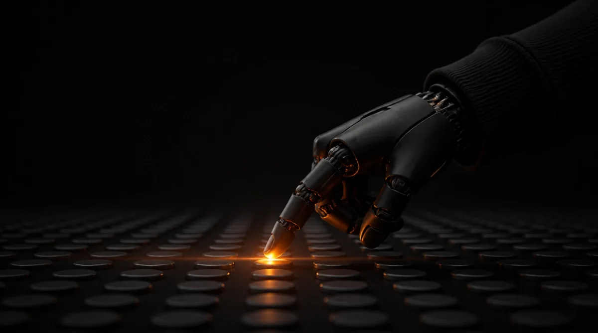 A robot hand points at the one glowing dot in the grid