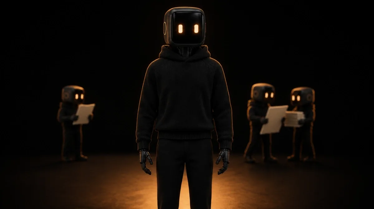The figure stands still while small agents work in the background